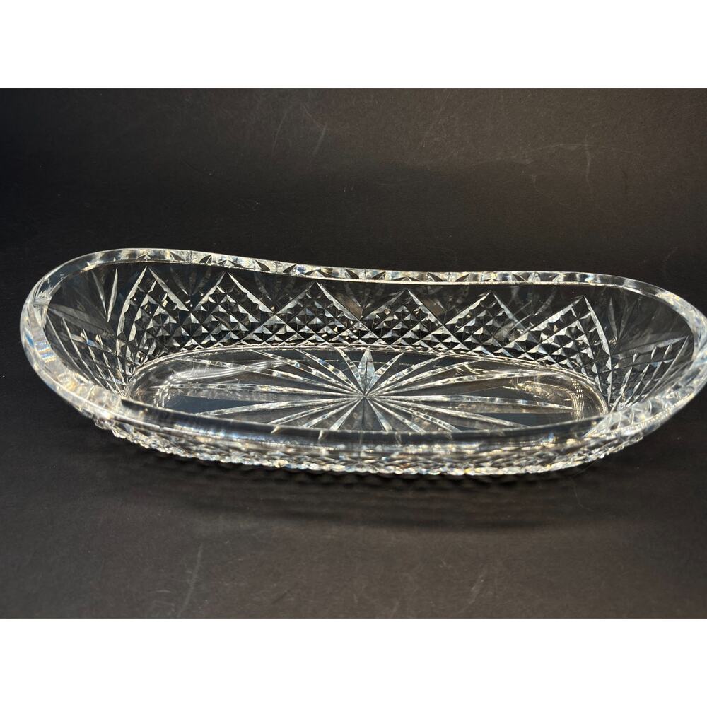 Heavy Cut Crystal Relish Dish 10” Oval Starburst Diamond Celery Tray Vintage